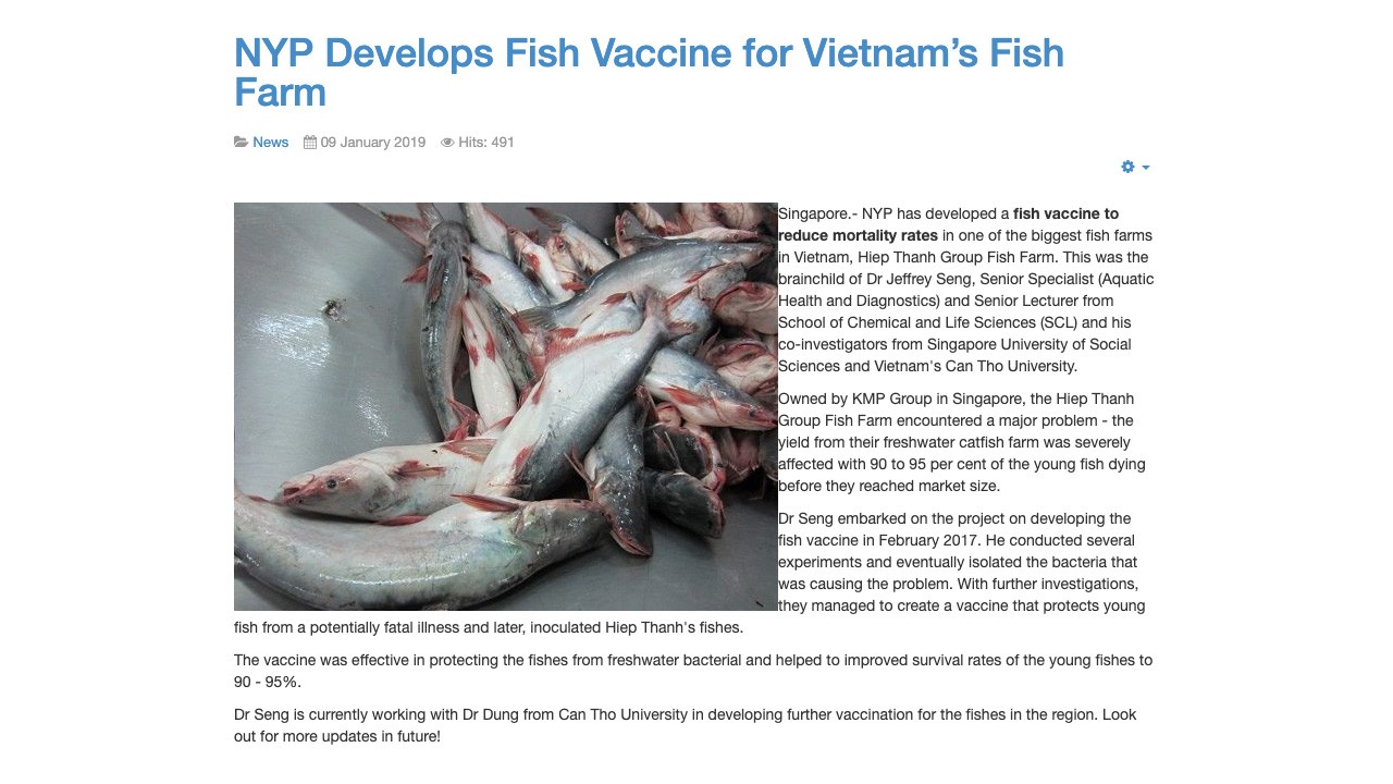 NYP Develops Fish Vaccine for Vietnam's Fish Farm