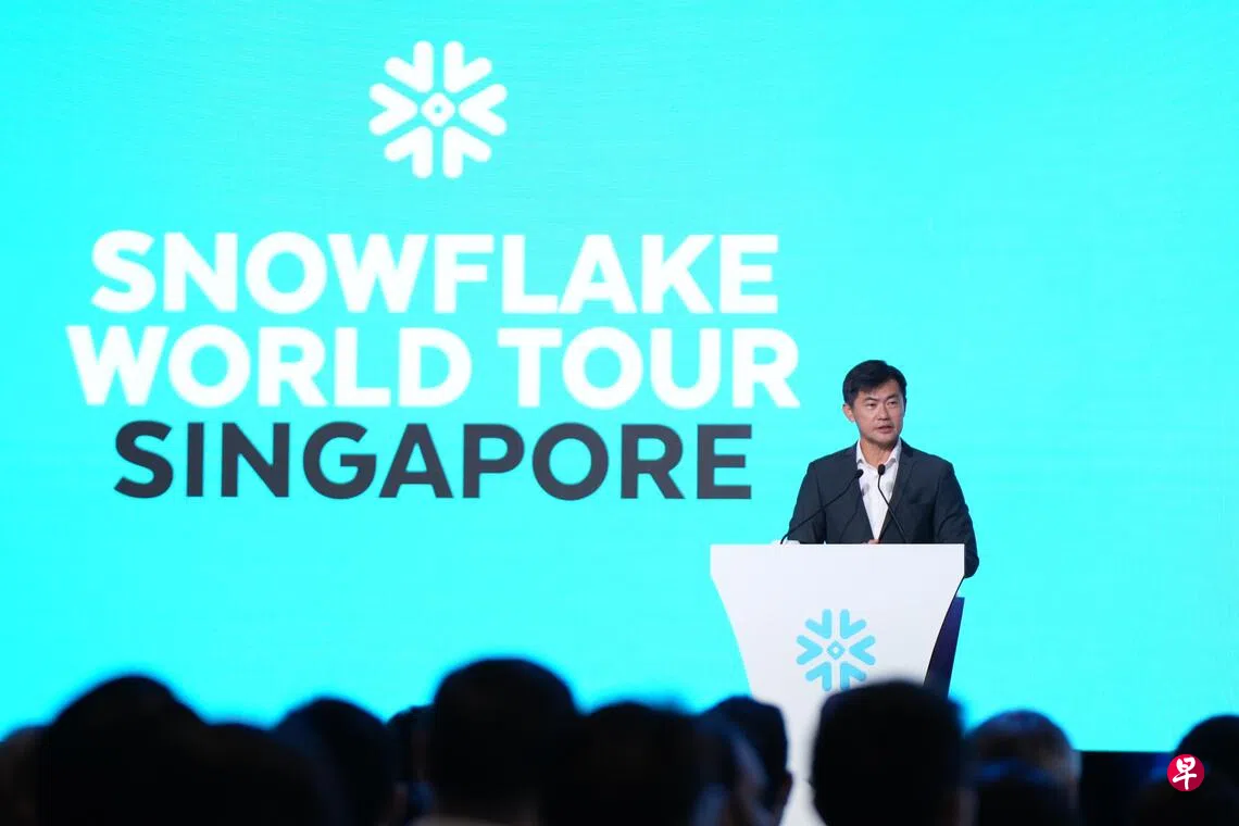Mr Desmond Tan, Senior Minister of State (Prime Minister's Office) and NTUC Deputy Secretary-General, giving a speech at the Snowflake World Tour Singapore.