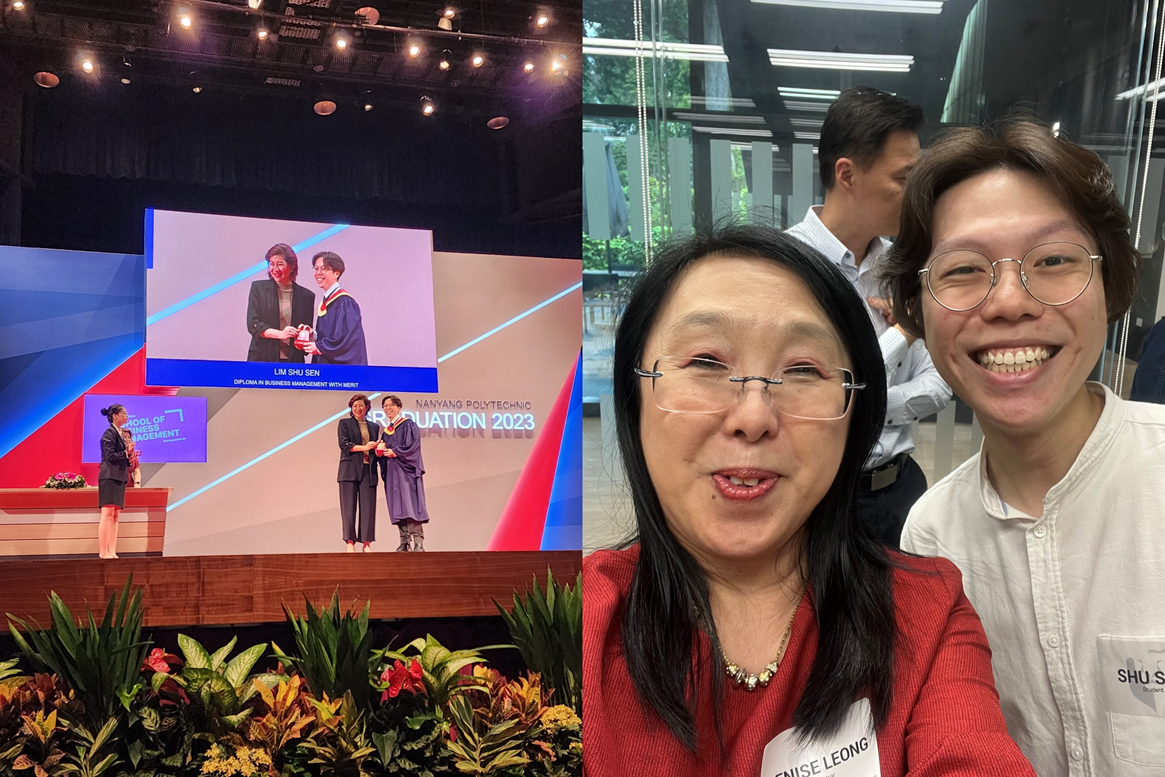 Joel taking a selfie with NYP Registrar Ms Denise Leong, and Joel receiving his graduation awards from Ms Susan Cheong, Managing Director & Group Head of Talent Acquisition and Talent Management, Singapore HR Country Head, DBS Bank Ltd.