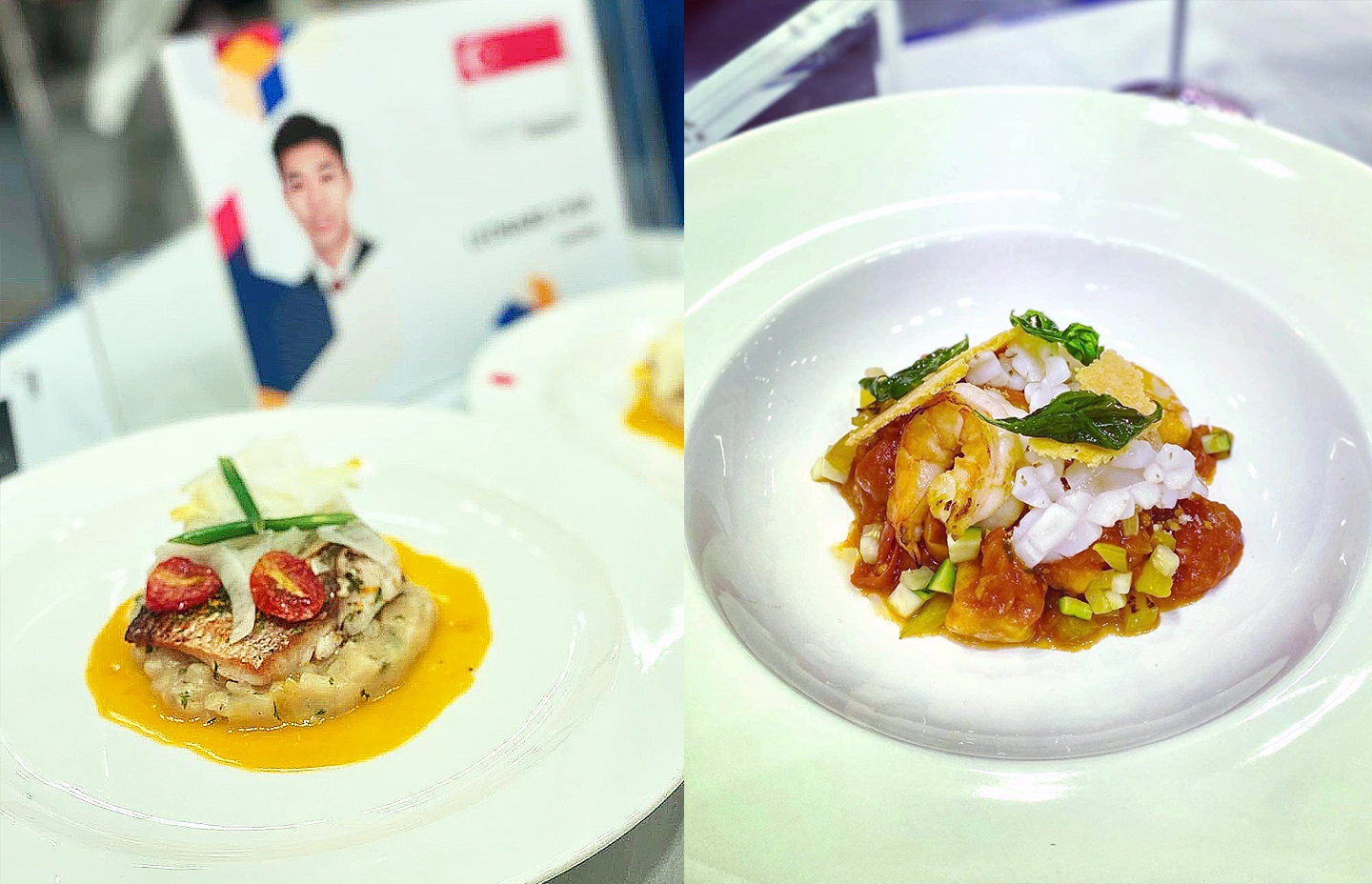 Saffron Velouté with Sea Bass (left) and Tomato Gnocchi with Assorted Seafood (right)