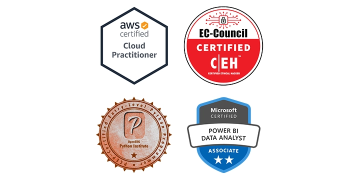 Logos of AWS Certified Cloud Practitioner, Certified Ethical Hacker, PCEP Certified Entry-level Python Programmer, and Microsoft-Certified SQL Certified Associate
