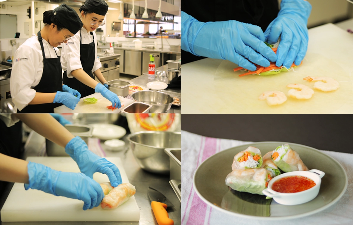 Students preparing Vietnamese spring rolls using sustainable ingredients